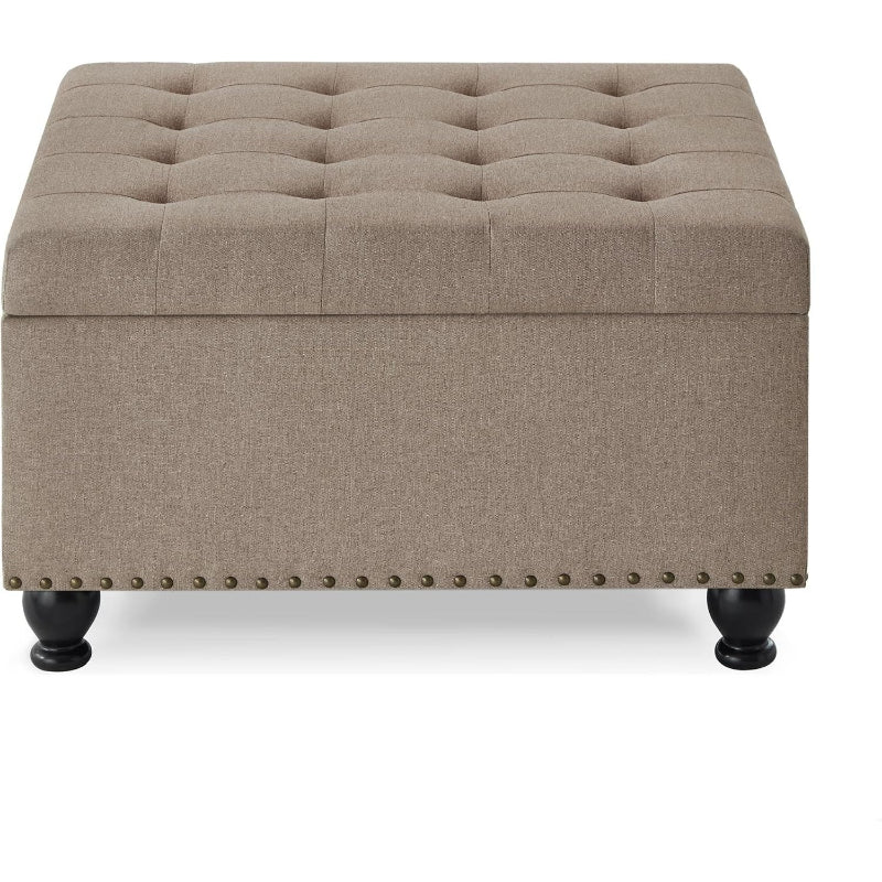 Khaki Large Square Linen Tufted Storage Ottoman