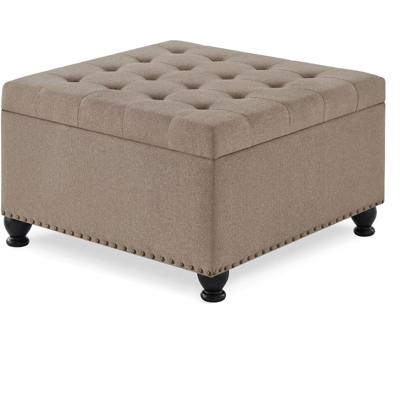 Khaki Large Square Linen Tufted Storage Ottoman