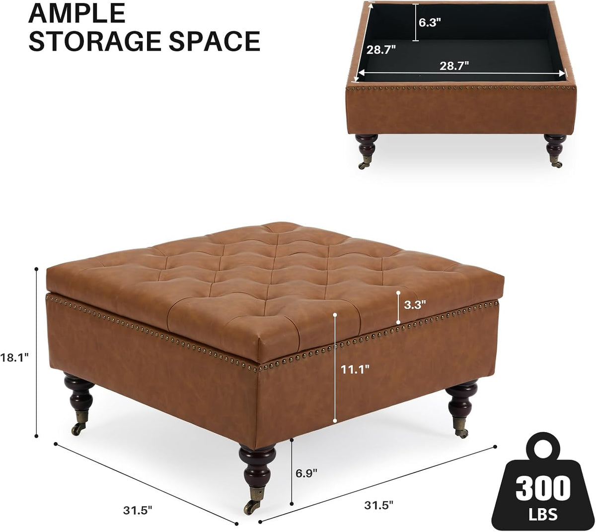 Large Brown Square PU Button Storage Ottoman
