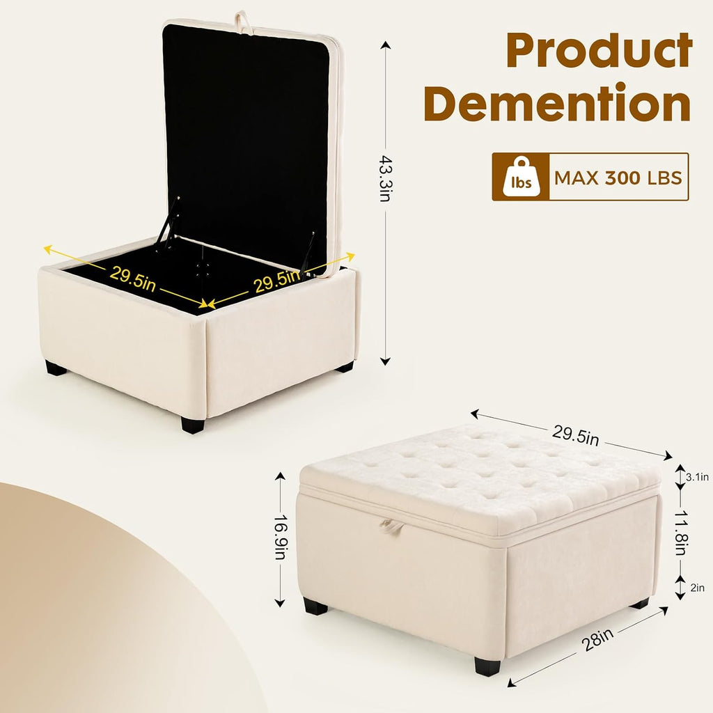 White 30" Square Storage Ottoman Coffee Table