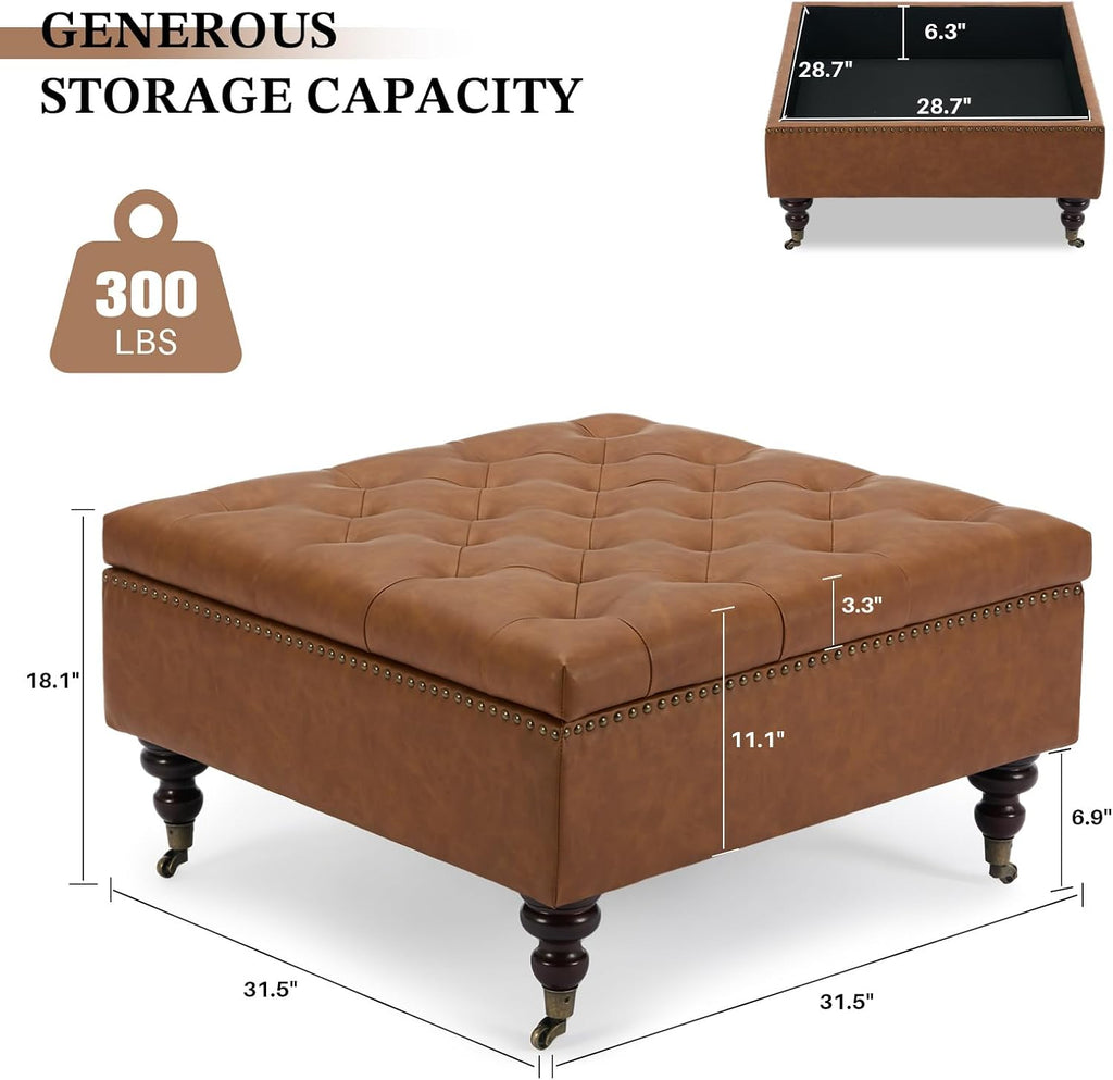 Large Square Leather Storage Ottoman