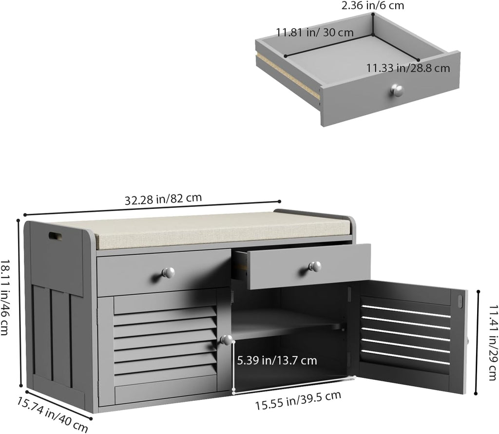 Shoe Bench with 2 Drawers & Cushioned Seat