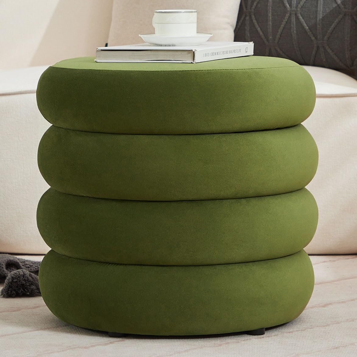 Round Velvet Storage Ottoman, Green