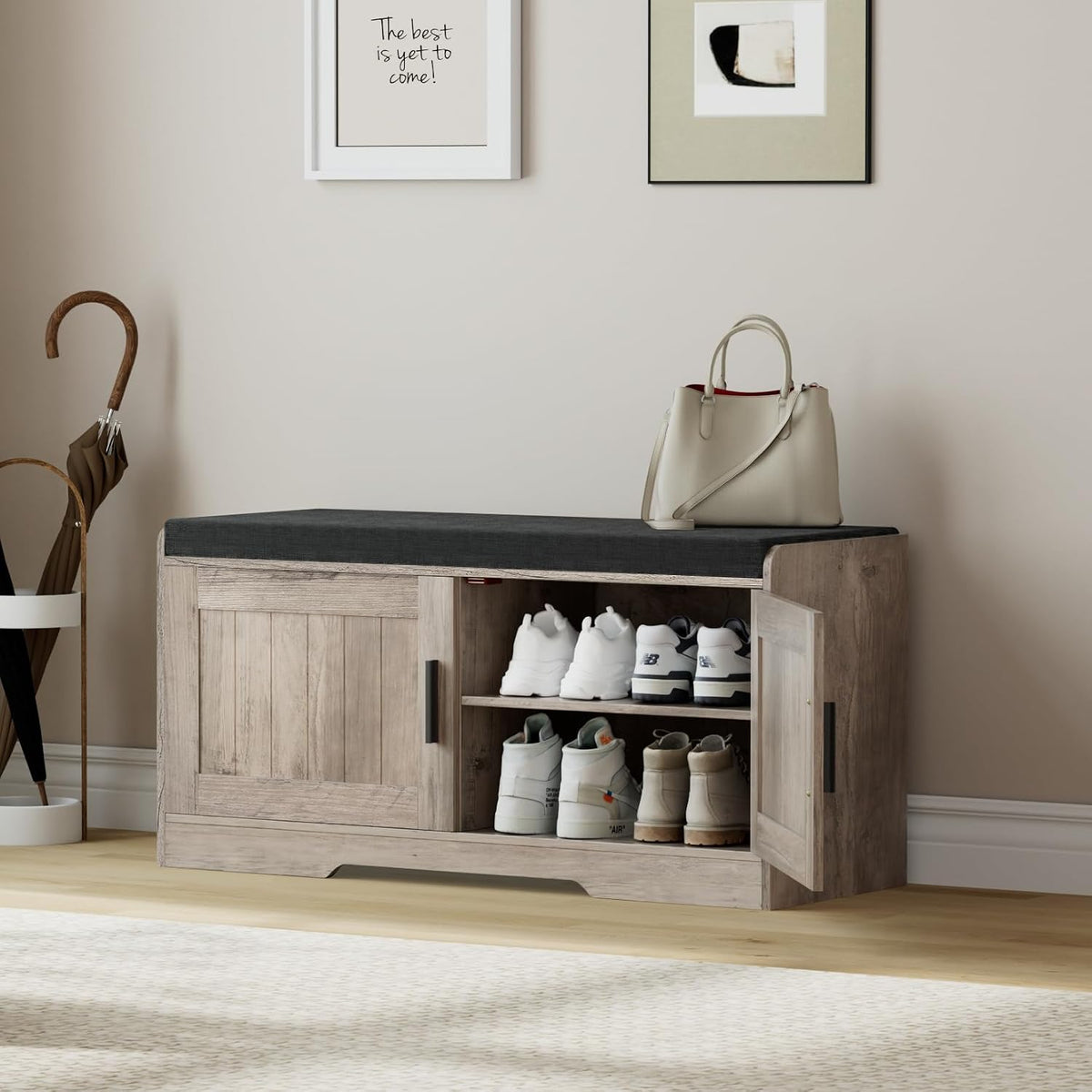 Shoe Bench with 2 Doors & Padded Seat