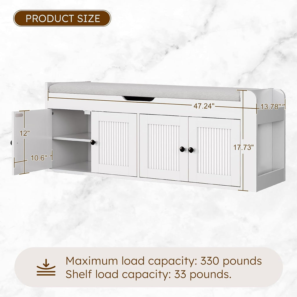 White 47.2" Entryway Shoe Bench with Side Shelves
