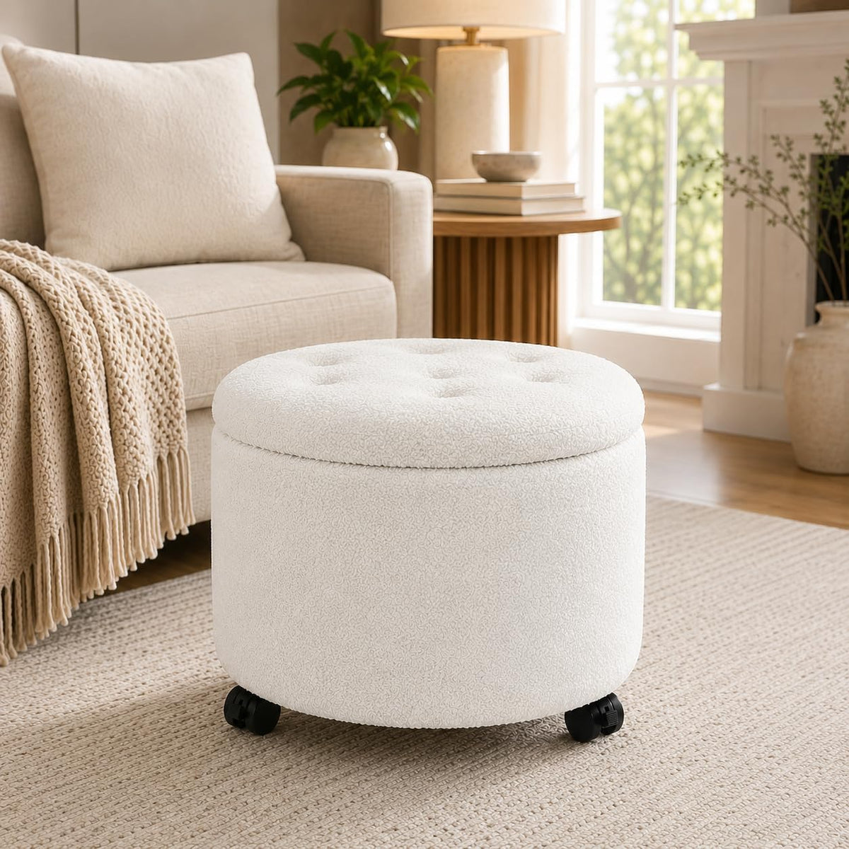 Round Storage Ottoman with Wheels, Dorm Footrest Stool