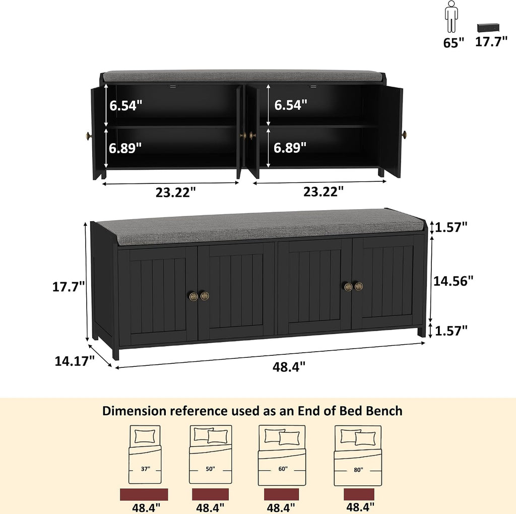 Black 48.4" Wooden Shoe Storage Bench