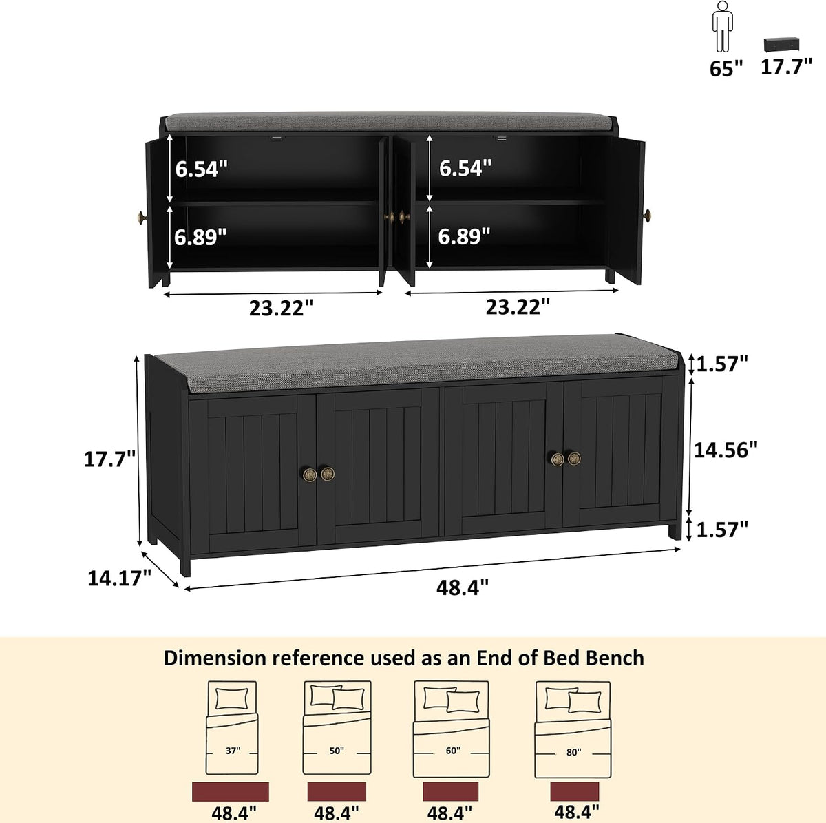 Black 48.4" Wooden Shoe Storage Bench