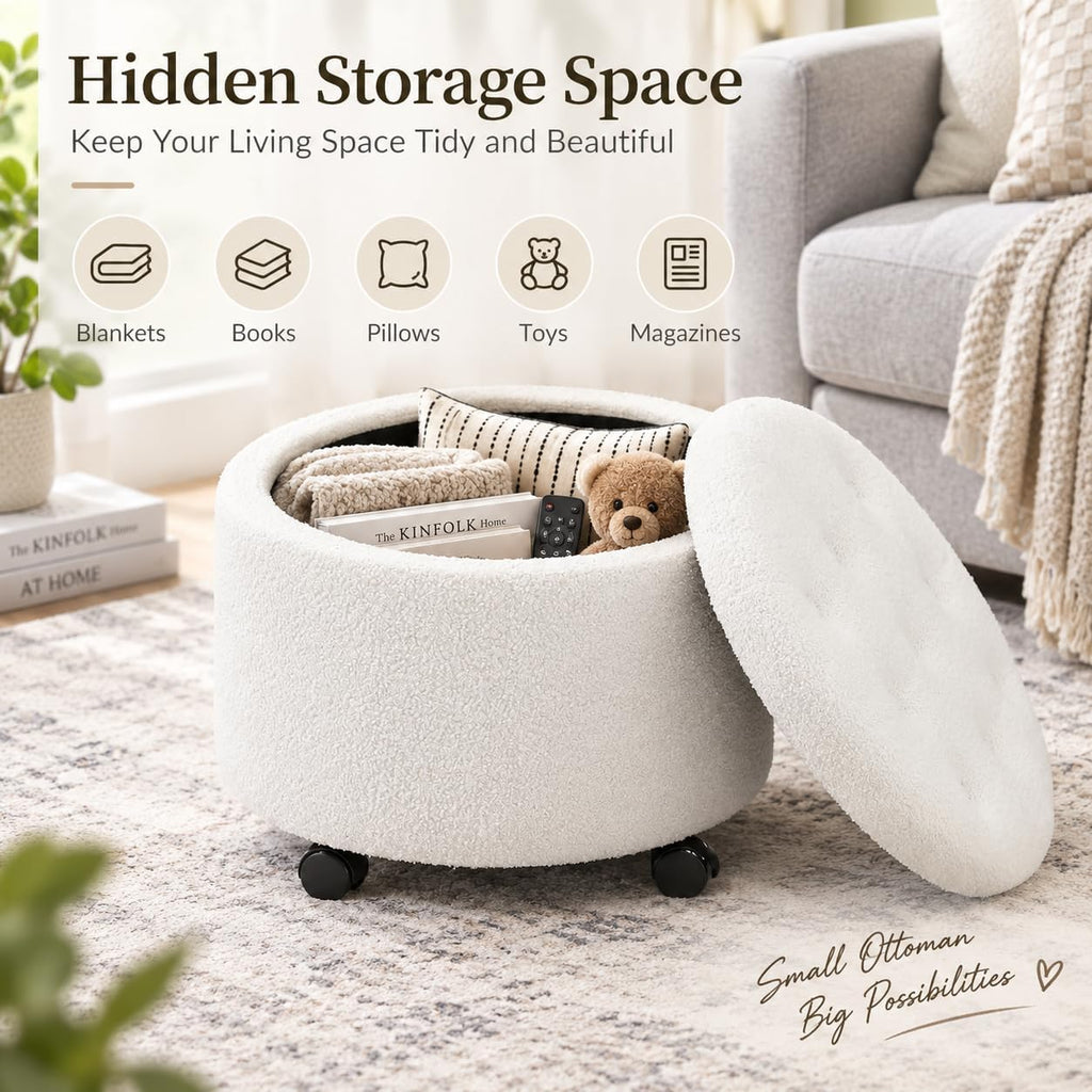 Round Storage Ottoman with Wheels, Dorm Footrest Stool