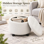 Round Storage Ottoman with Wheels, Dorm Footrest Stool