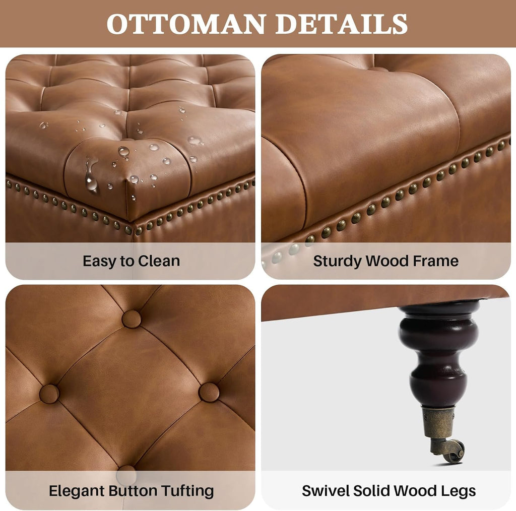 Large Square Leather Storage Ottoman