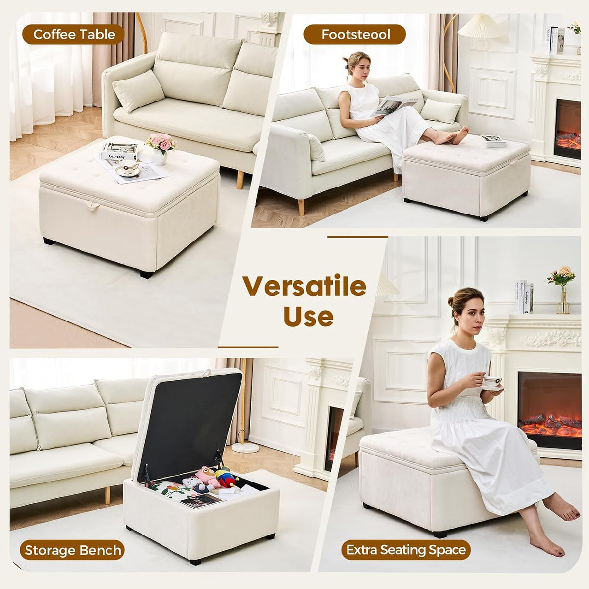White 30" Square Storage Ottoman Coffee Table