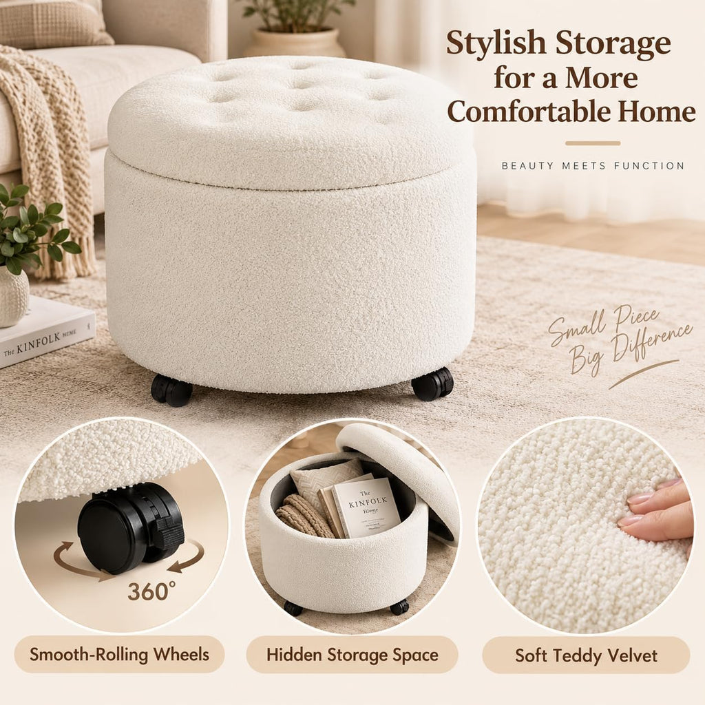 Round Storage Ottoman with Wheels, Dorm Footrest Stool