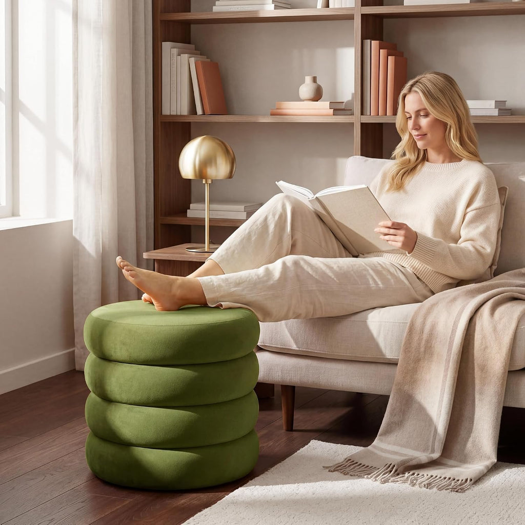 Round Velvet Storage Ottoman, Green