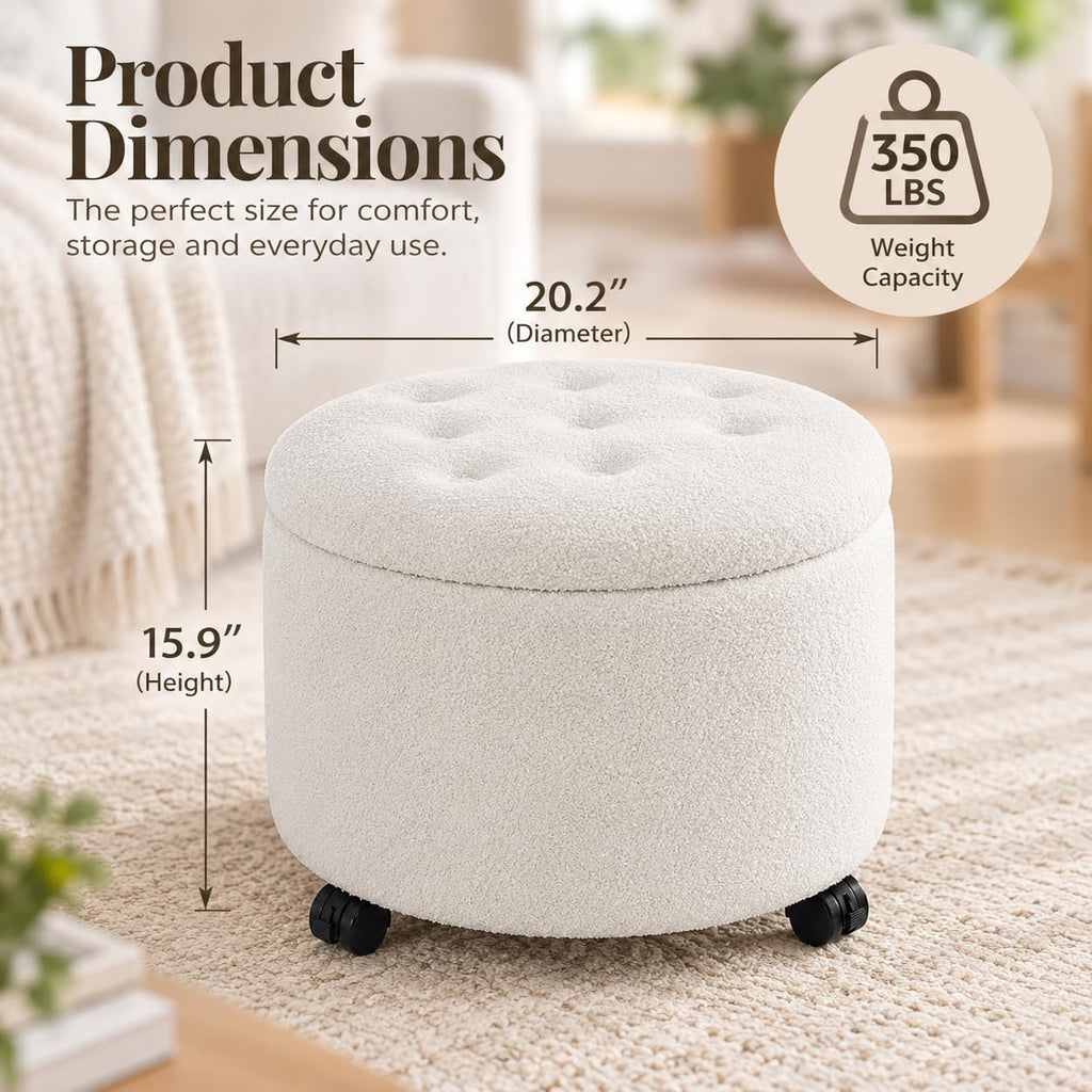 Round Storage Ottoman with Wheels, Dorm Footrest Stool