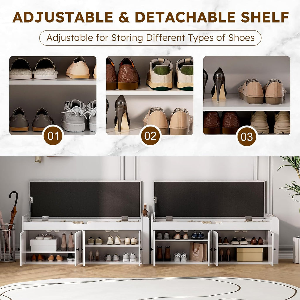White 47.2" Entryway Shoe Bench with Side Shelves
