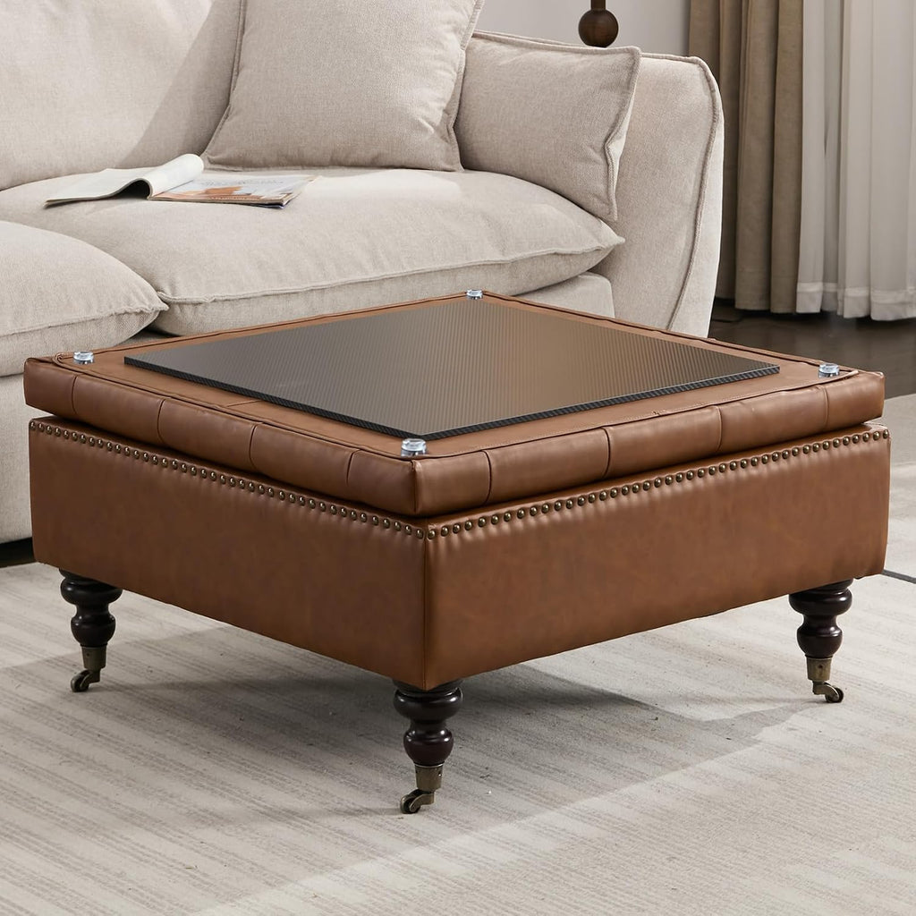 Large Brown Square PU Button Storage Ottoman