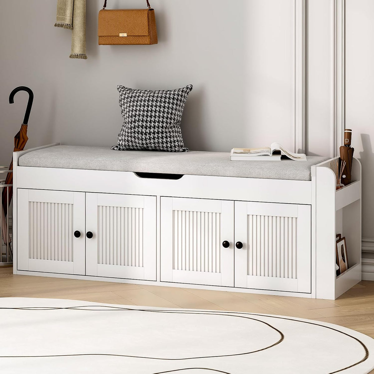 White 47.2" Entryway Shoe Bench with Side Shelves
