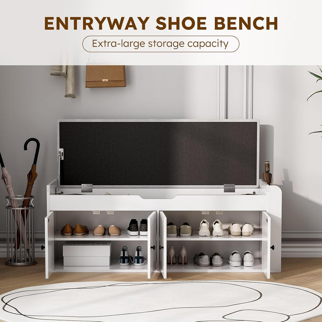 White 47.2" Entryway Shoe Bench with Side Shelves