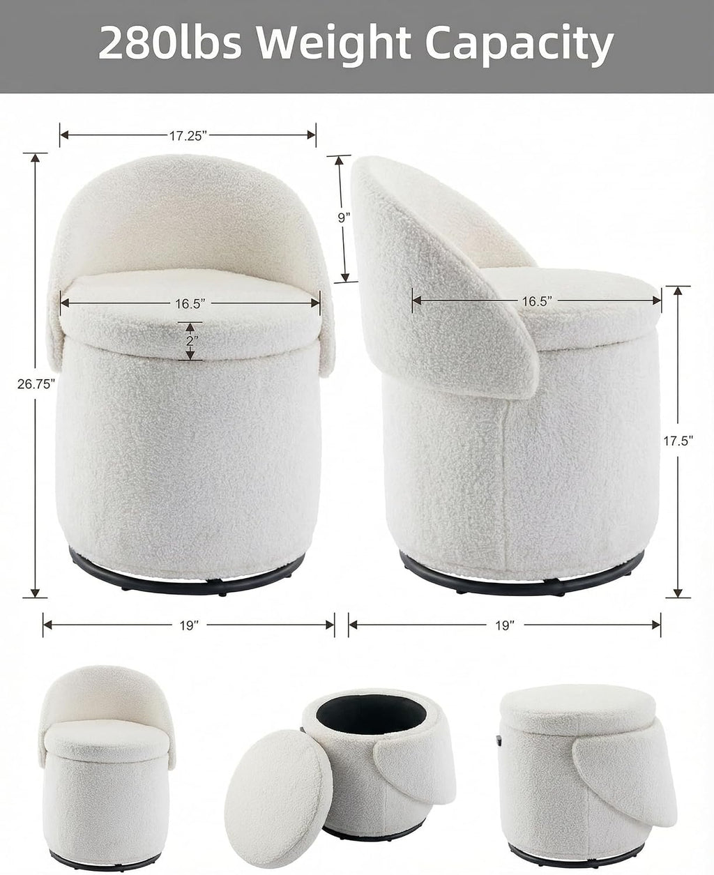 White Sherpa Swivel Vanity Storage Stool