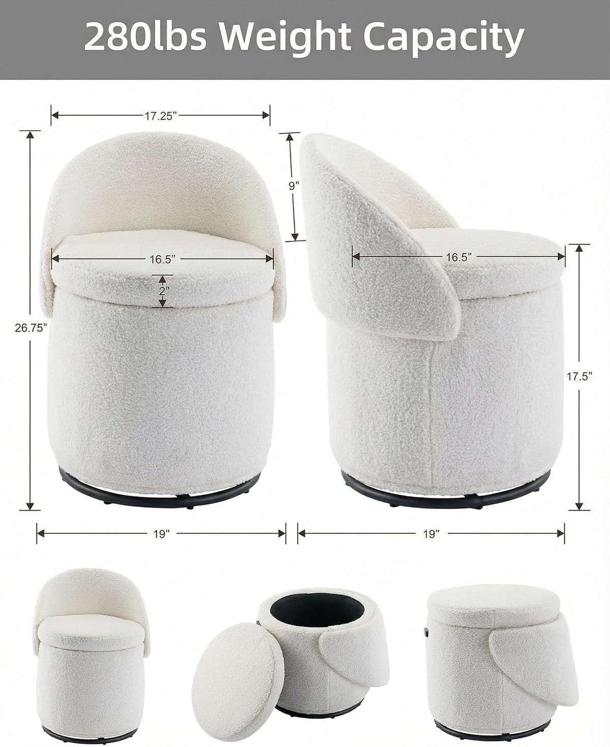 White Sherpa Swivel Vanity Storage Stool