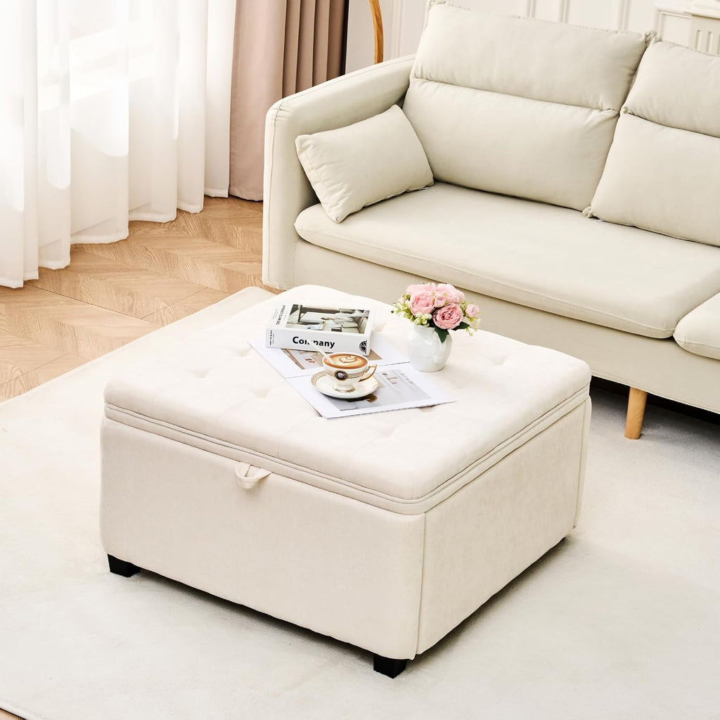 White 30" Square Storage Ottoman Coffee Table