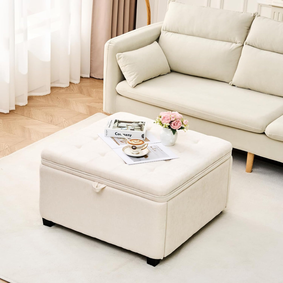 White 30" Square Storage Ottoman Coffee Table