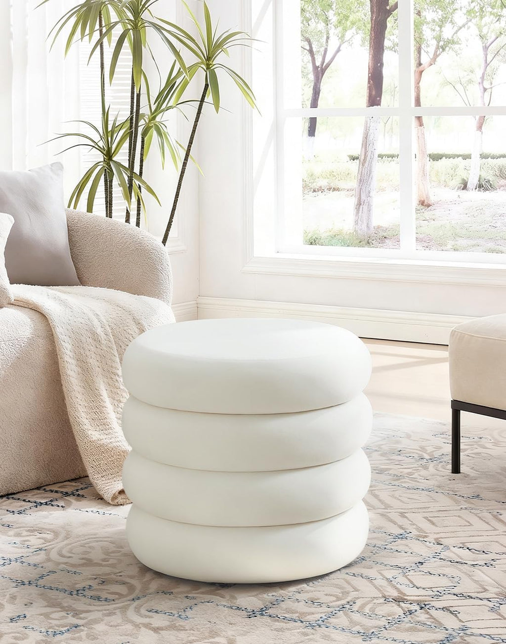 White Velvet Round Vanity Storage Ottoman
