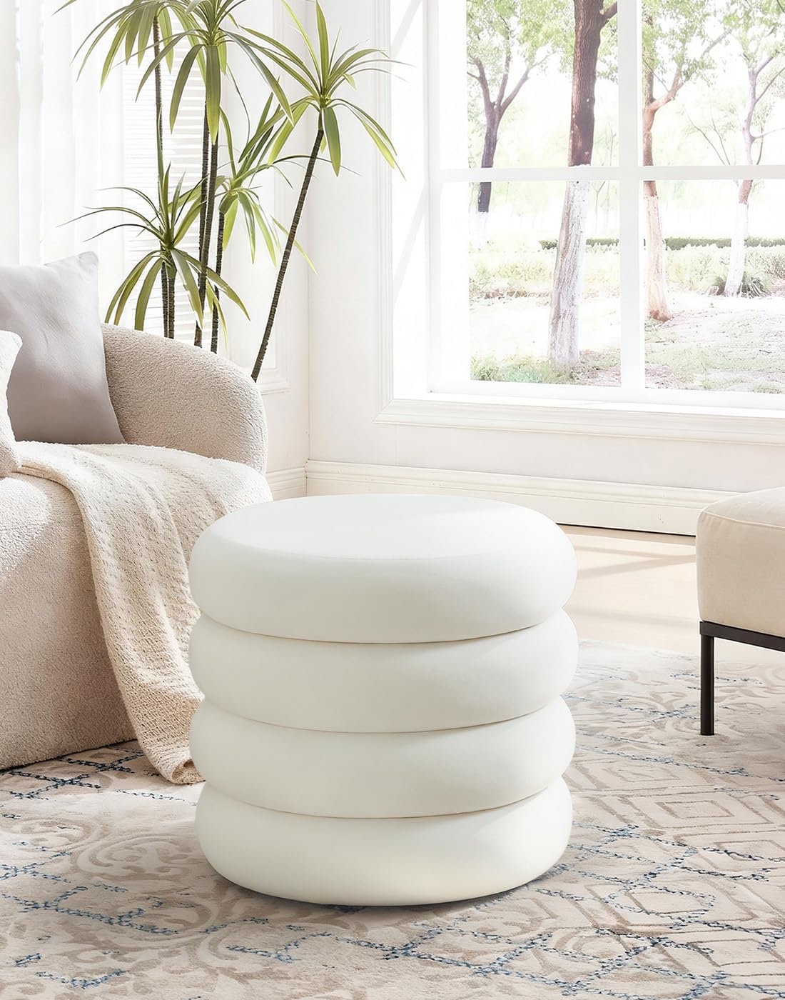 White Velvet Round Vanity Storage Ottoman