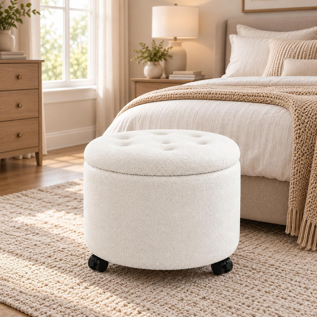 Round Storage Ottoman with Wheels, Dorm Footrest Stool