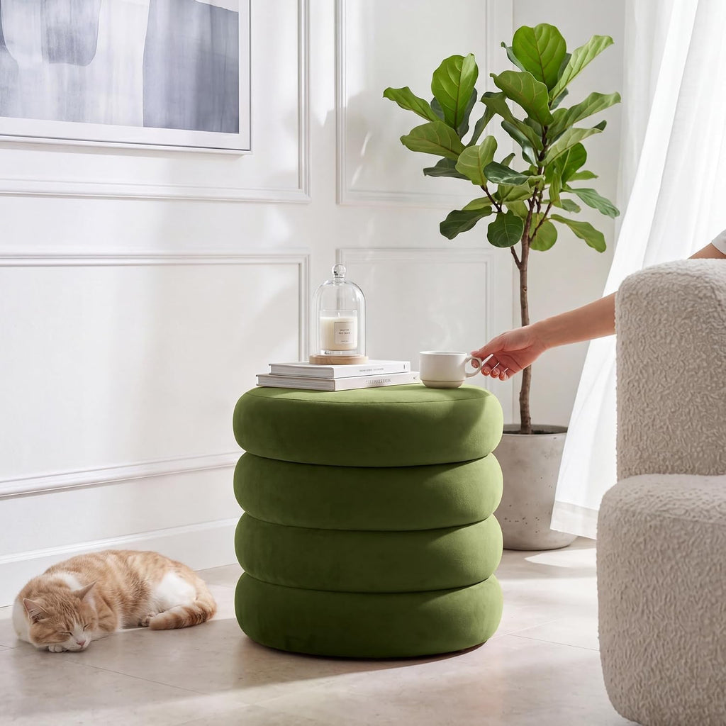 Round Velvet Storage Ottoman, Green