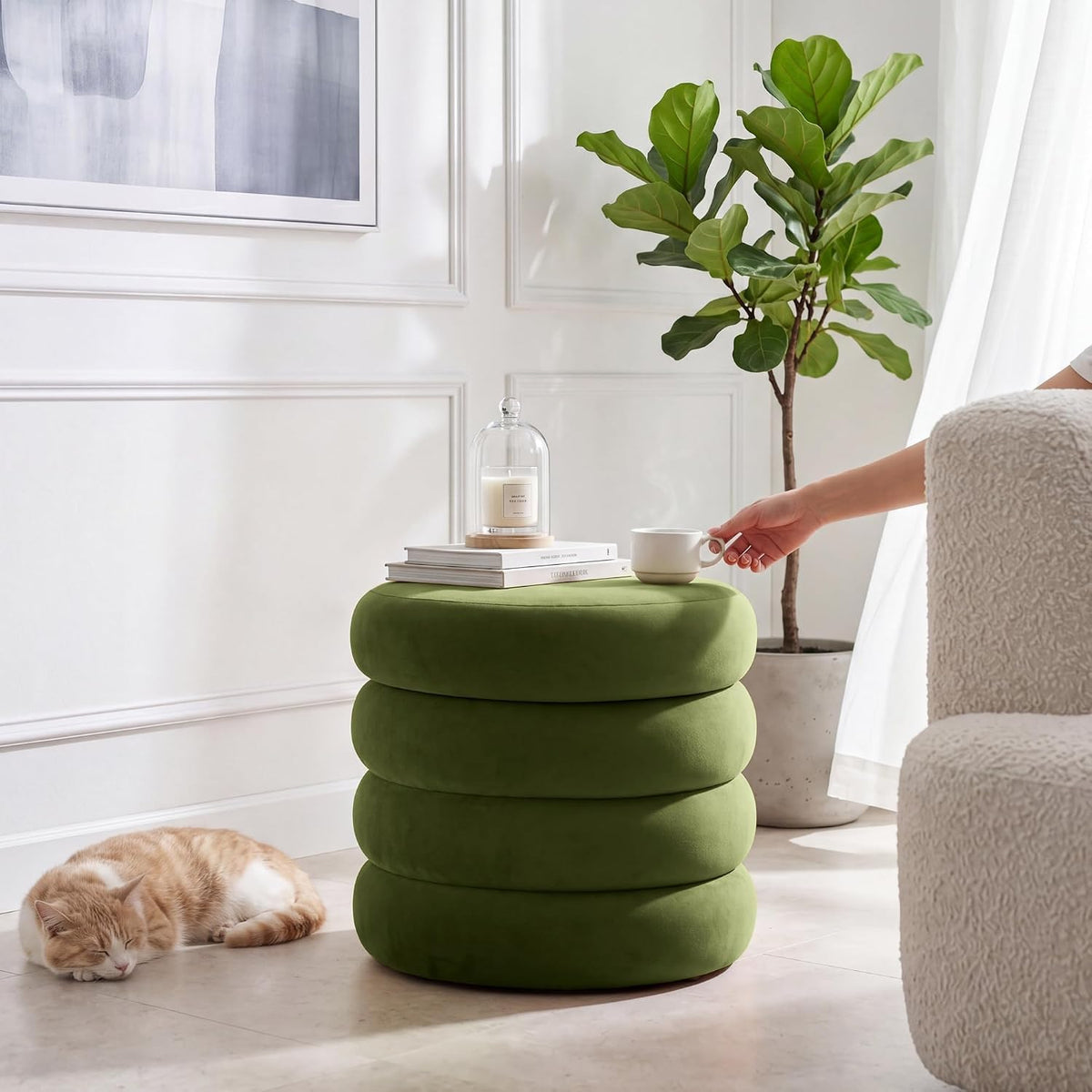 Round Velvet Storage Ottoman, Green