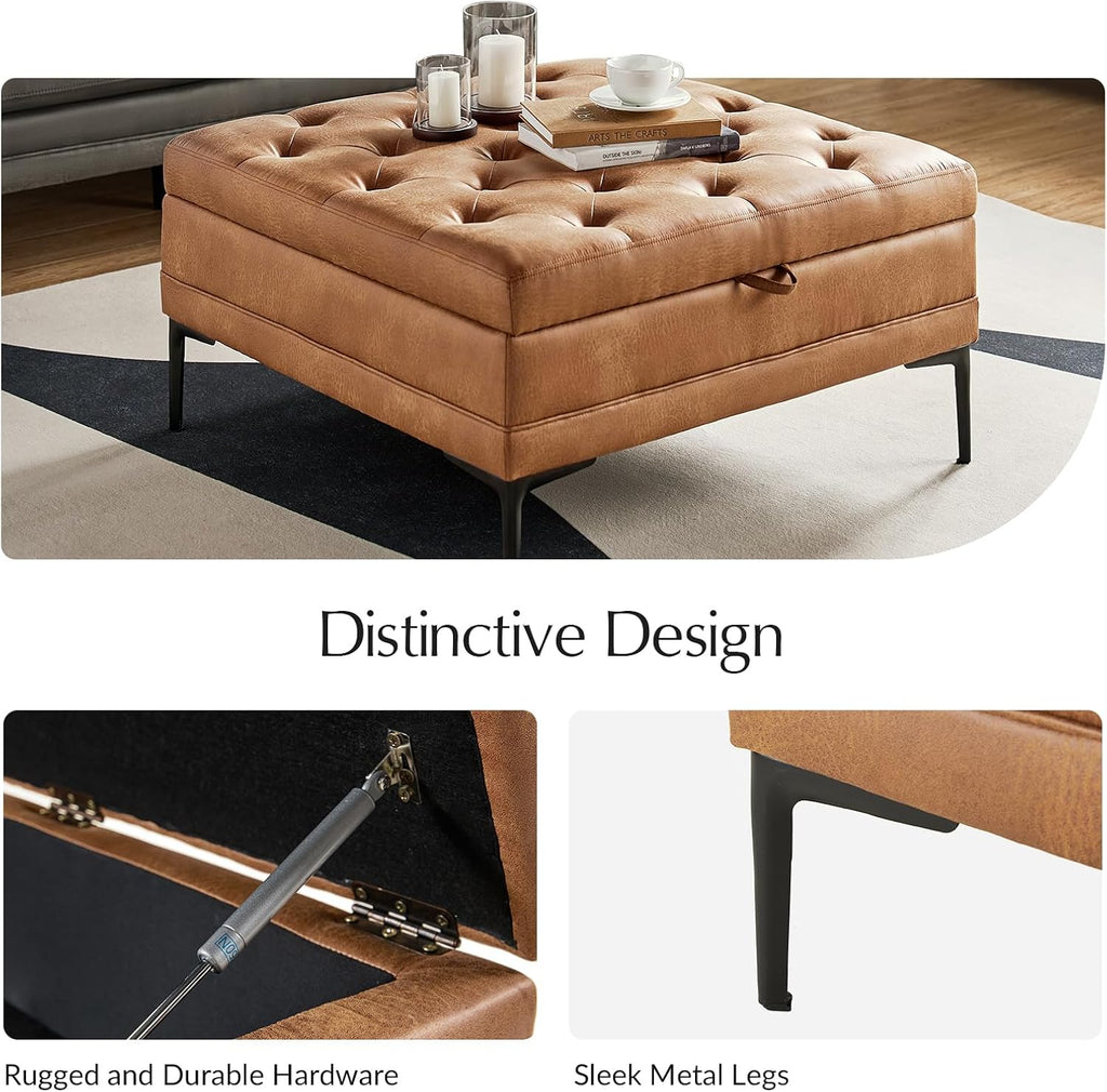 Camel Tufted Faux Leather Ottoman Bench