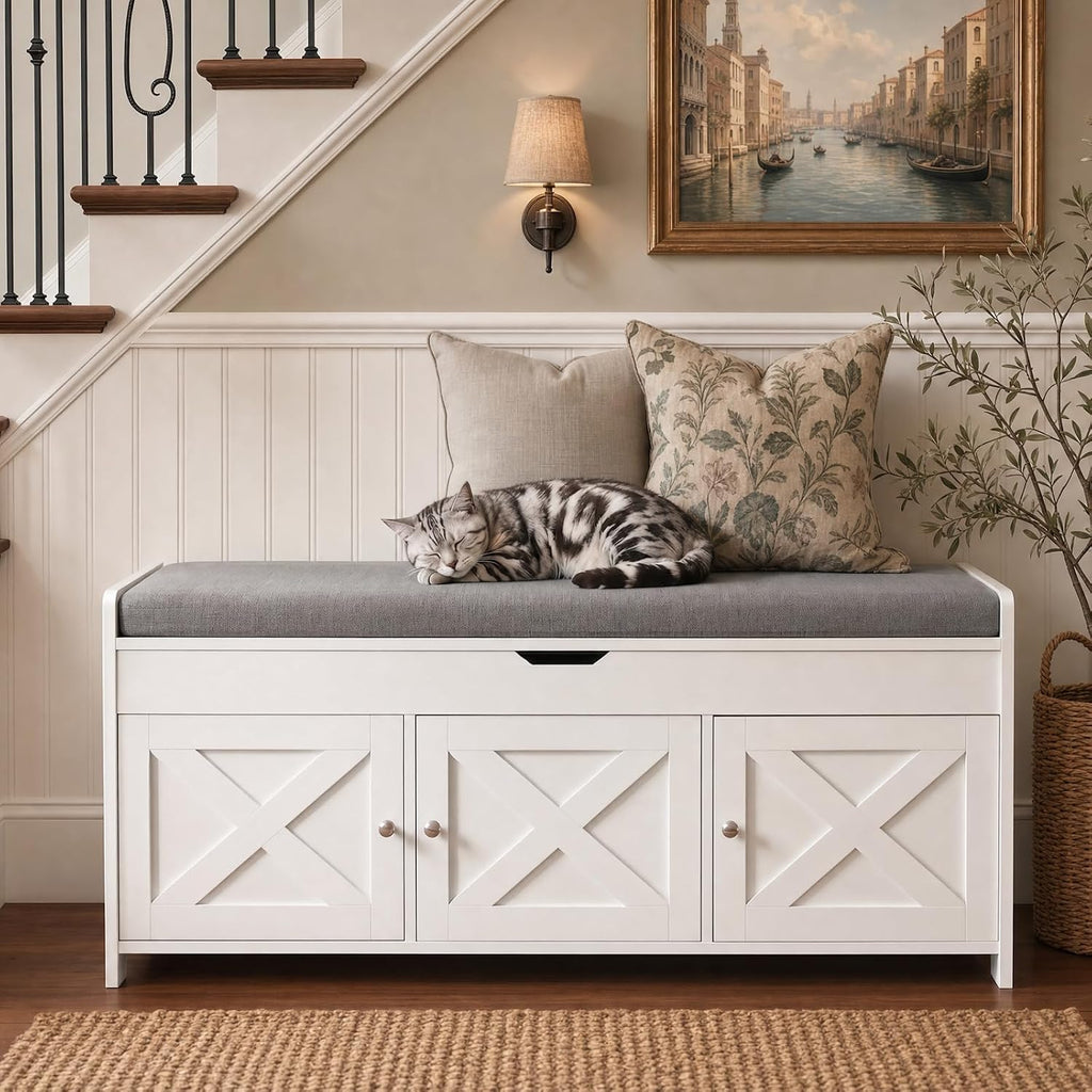 White Farmhouse Entryway Shoe Bench