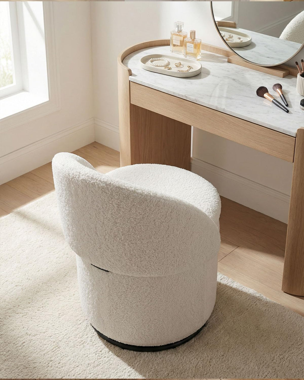 White Sherpa Swivel Vanity Storage Stool