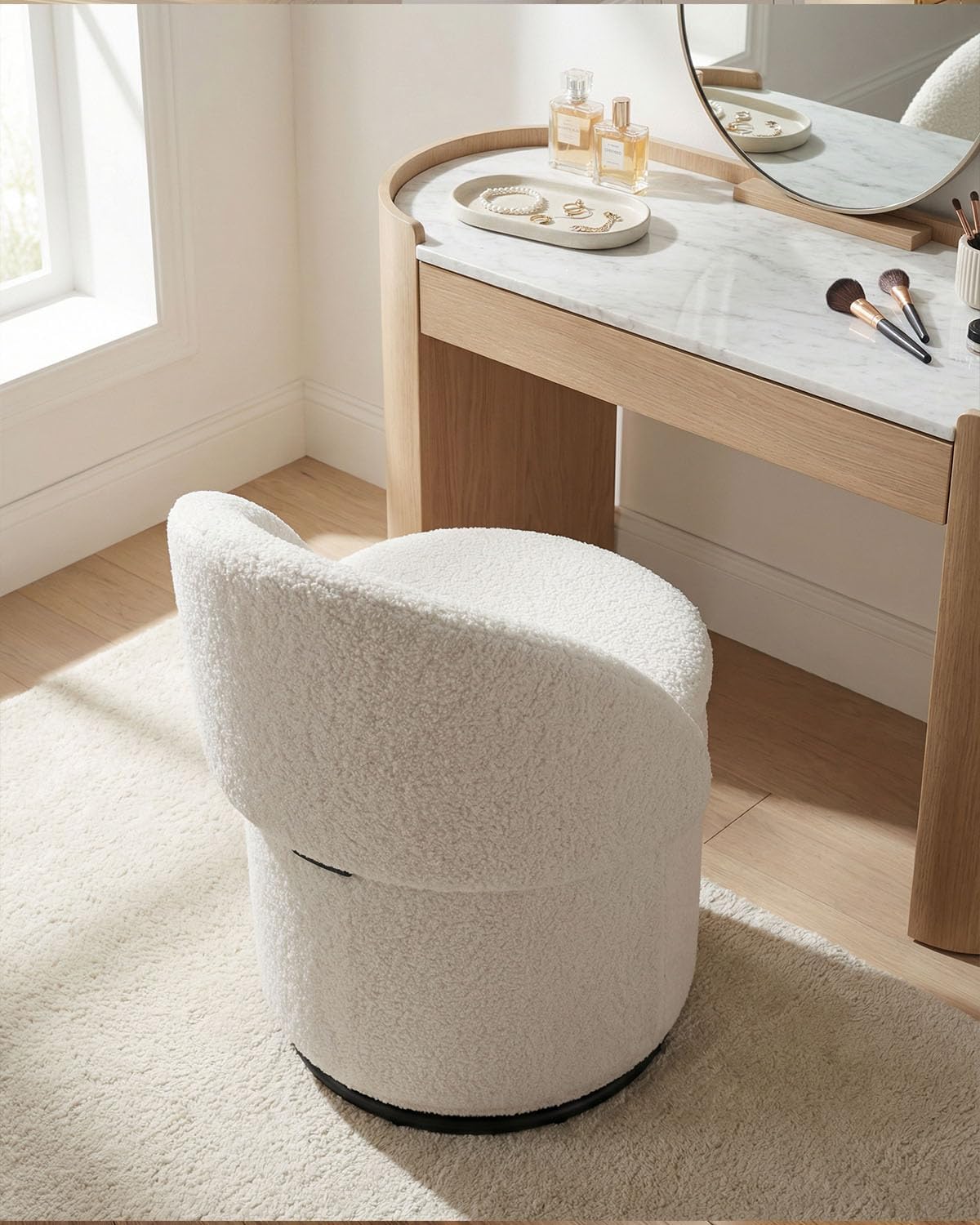 White Sherpa Swivel Vanity Storage Stool