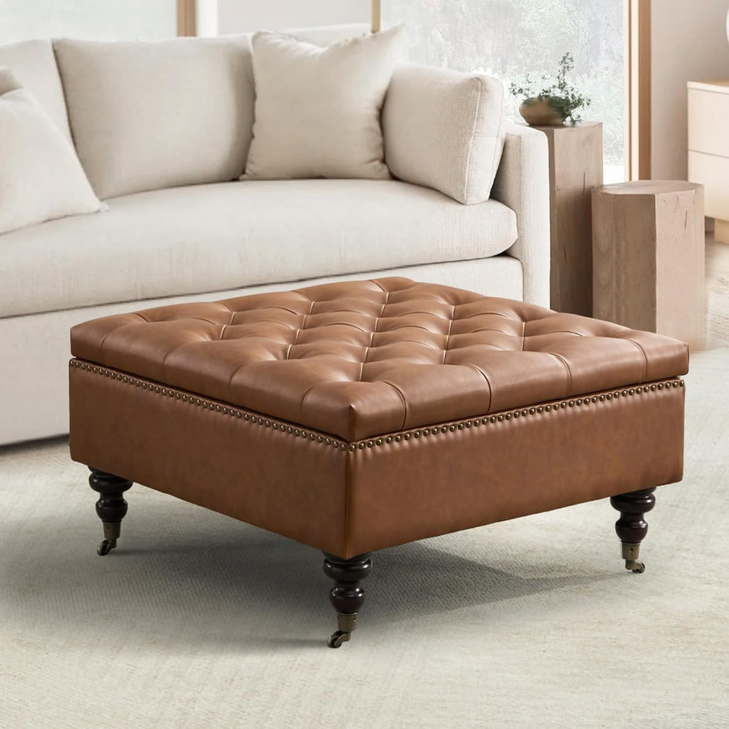 Large Square Leather Storage Ottoman