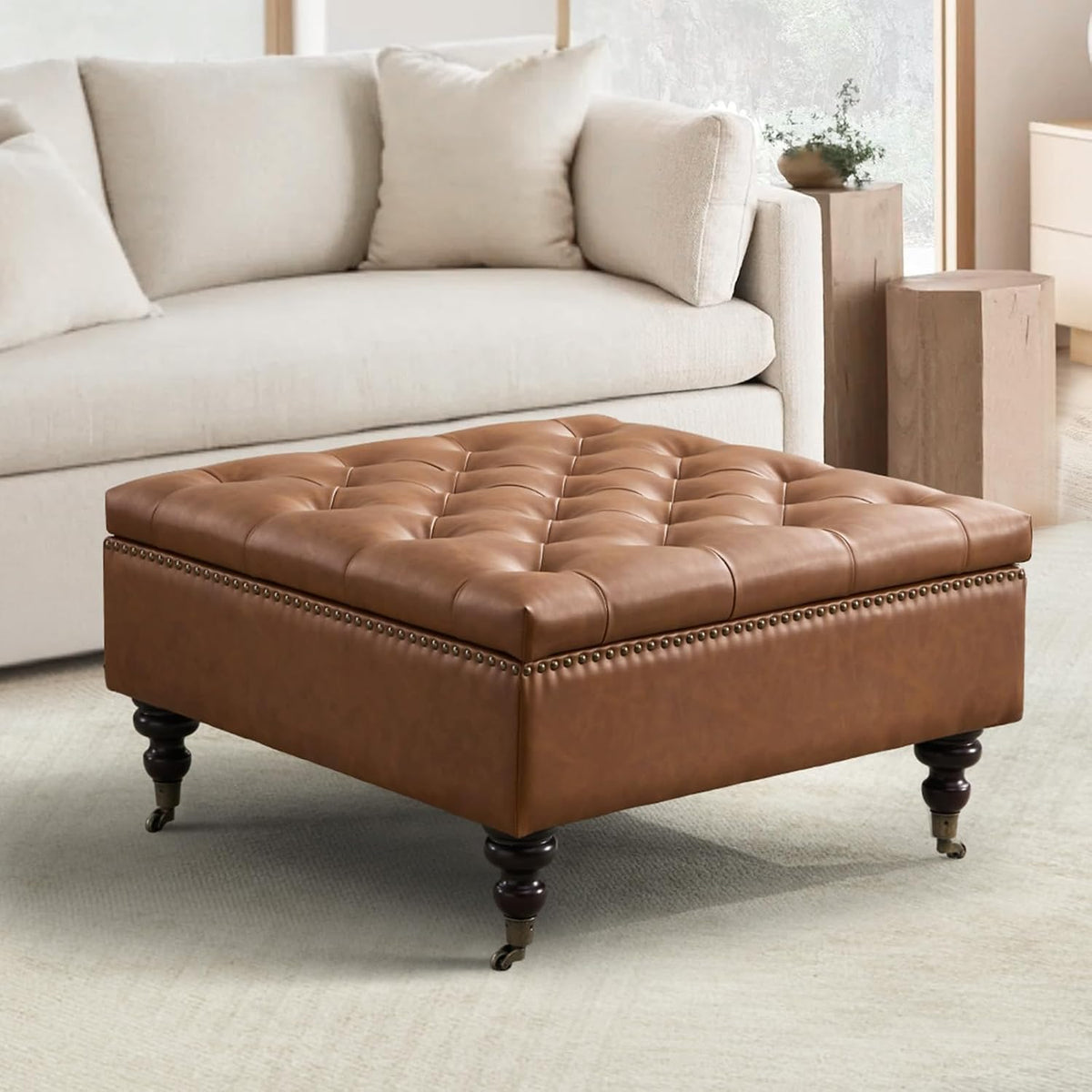 Large Square Leather Storage Ottoman