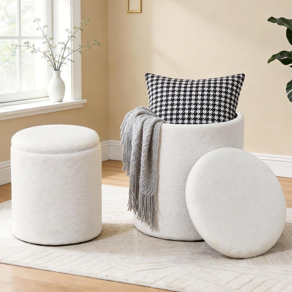Set‑of‑2 Boucle Round Storage Ottoman Foot Stools