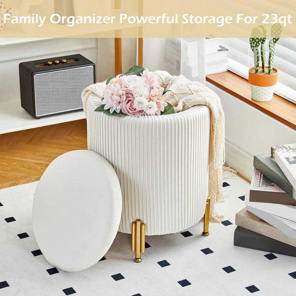 Velvet Storage Ottoman with Metal Legs
