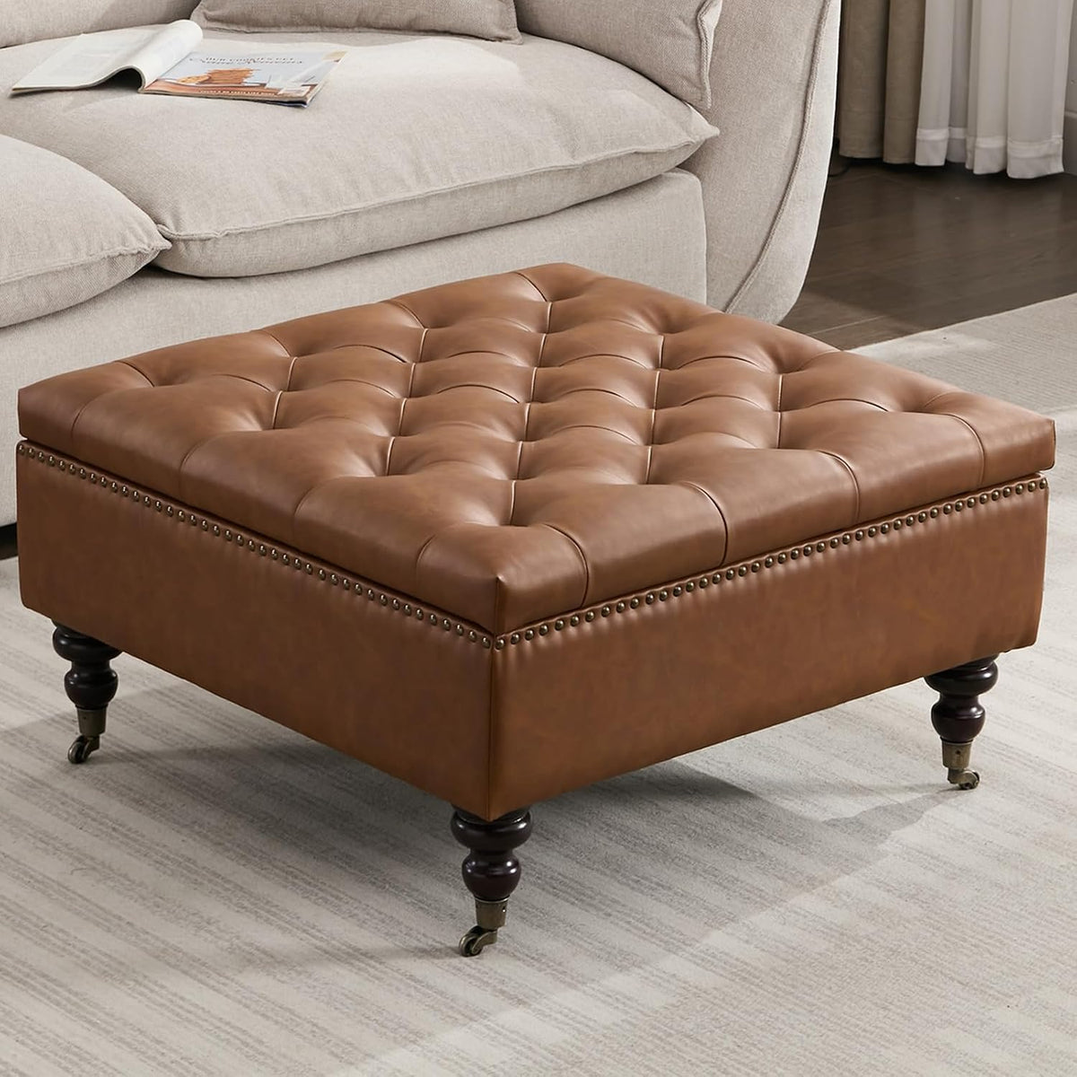 Large Brown Square PU Button Storage Ottoman