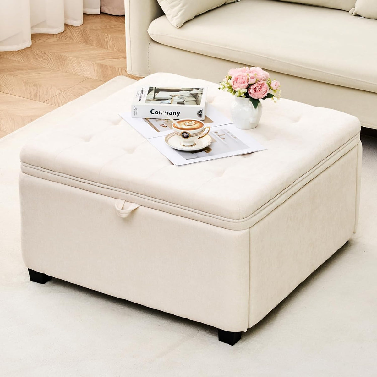 White 30" Square Storage Ottoman Coffee Table