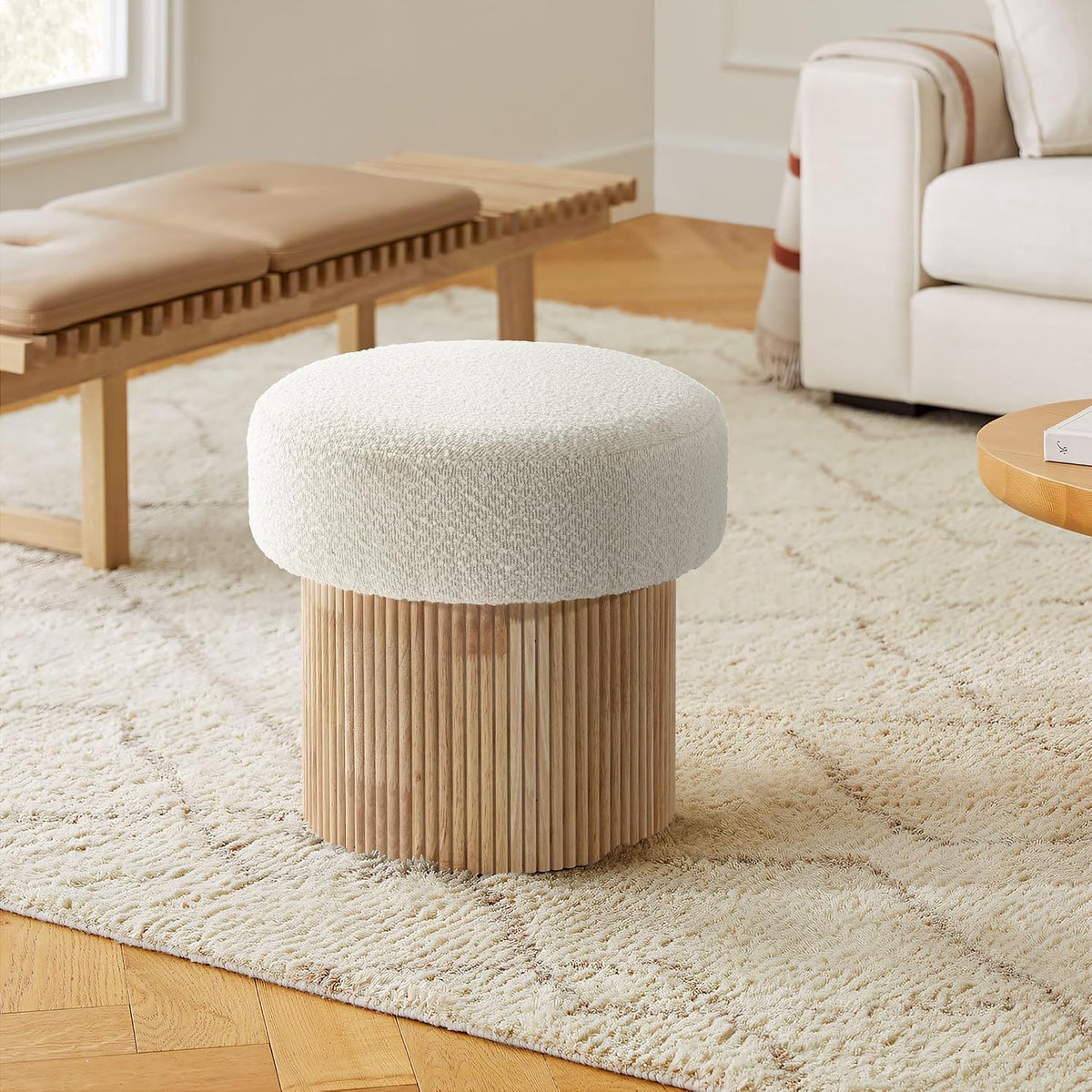 Small Fluted‑Wood Base Padded Storage Ottoman