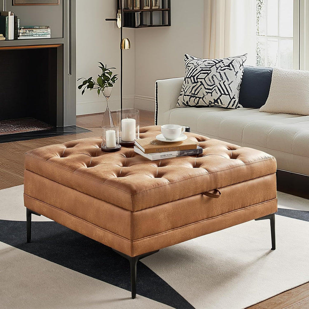Camel Tufted Faux Leather Ottoman Bench