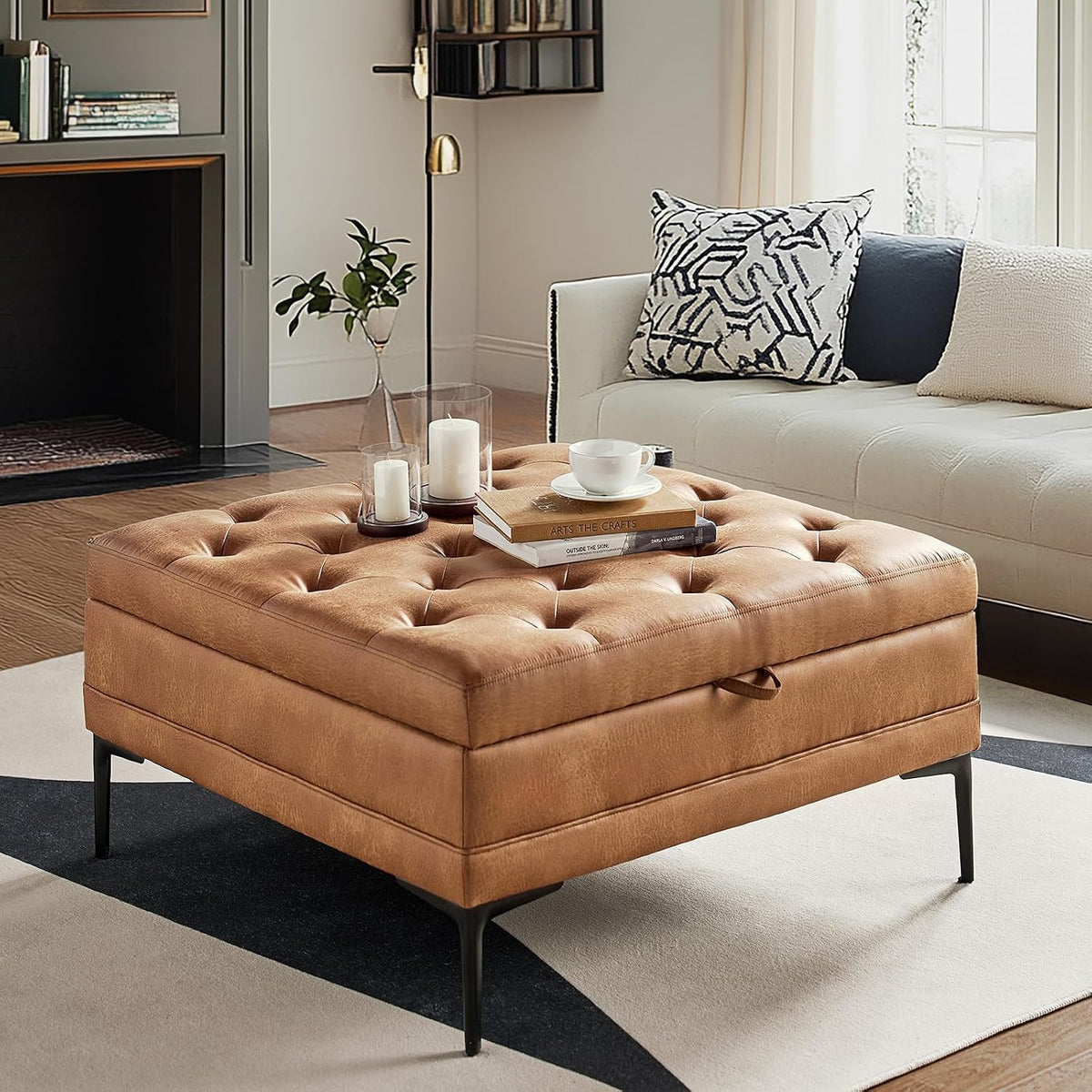 Camel Tufted Faux Leather Ottoman Bench