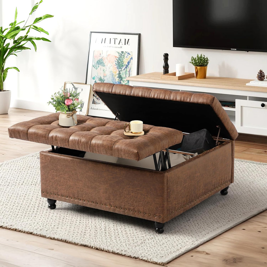 36" Square Tufted Storage Ottoman with Lift Top