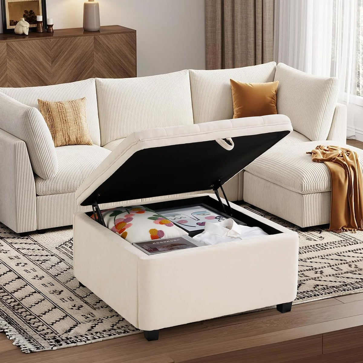 White 30" Square Storage Ottoman Coffee Table