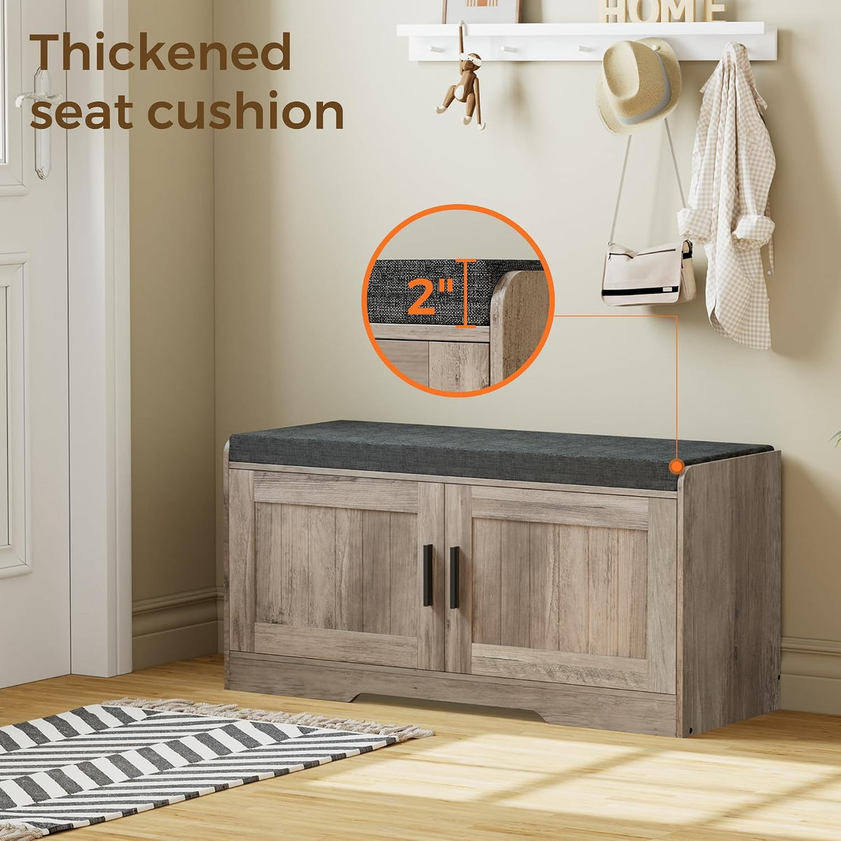 Shoe Bench with 2 Doors & Padded Seat