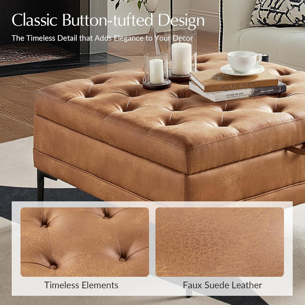 Camel Tufted Faux Leather Ottoman Bench