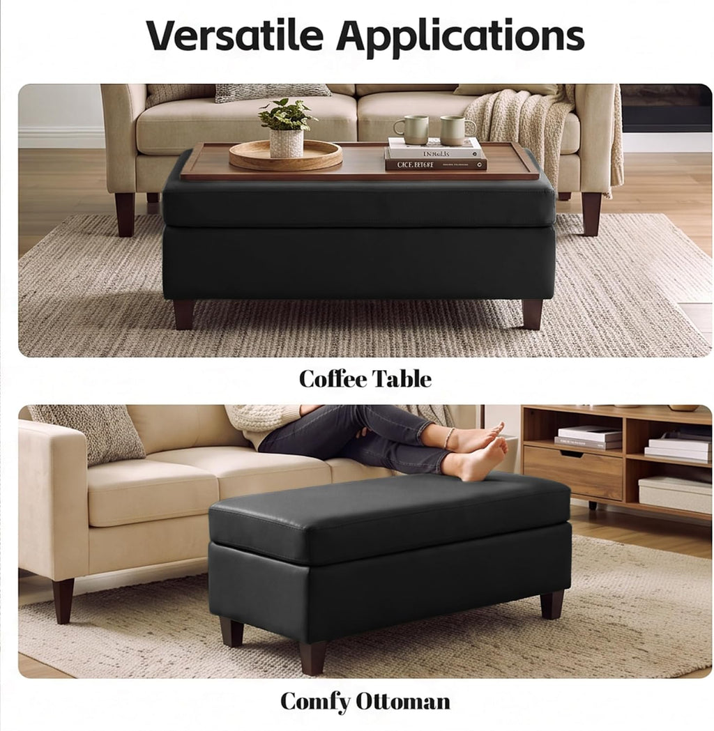 45" Leather Ottoman Bench with Reversible Wooden Tray